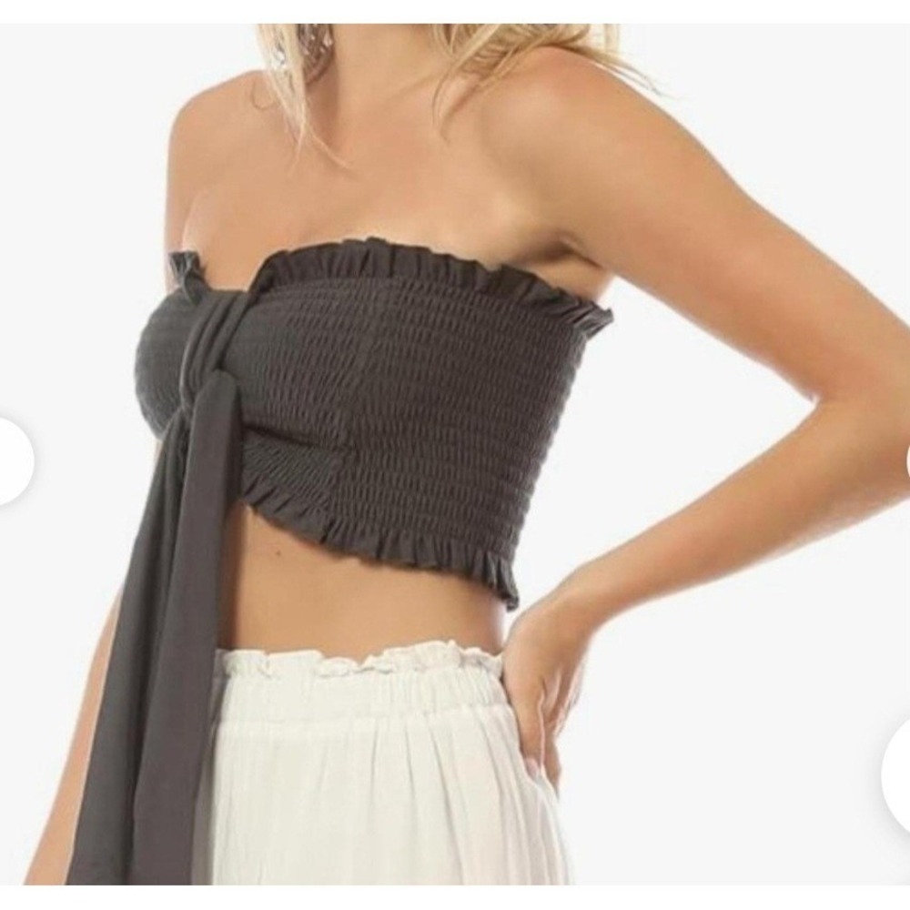 New ZenanaAsh Gray Charcoal Smocked Tube Top Strapless Crop Shirt Size Small